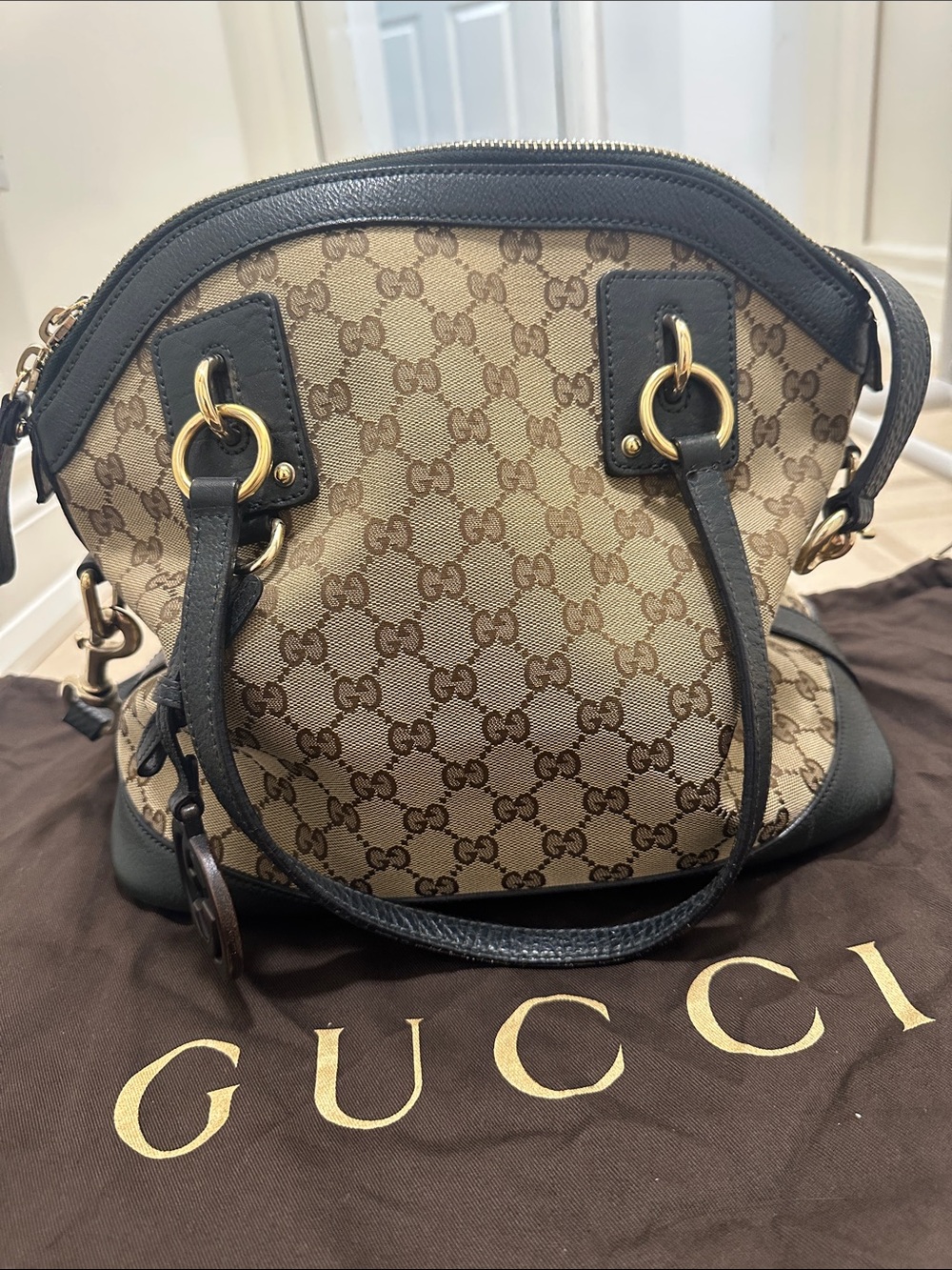 Gucci Beige GG Supreme Dome Shoulder Bag with Black Trim